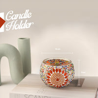 Colorful mosaic candle holder with dimensions on a light background