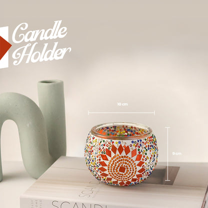Colorful mosaic candle holder with dimensions on a light background